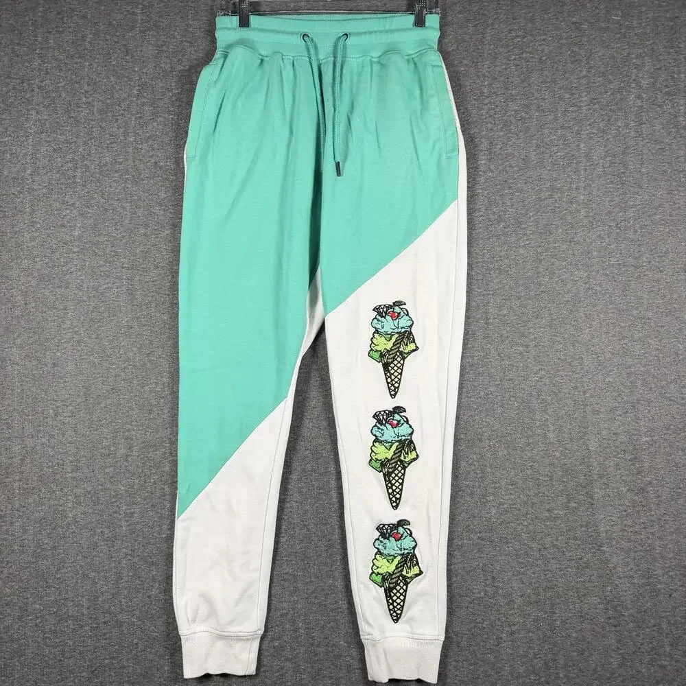 CivilizeD Mens S Mint White Jogger Pant Embroidered Ice Cream Streetwear Hip Hop